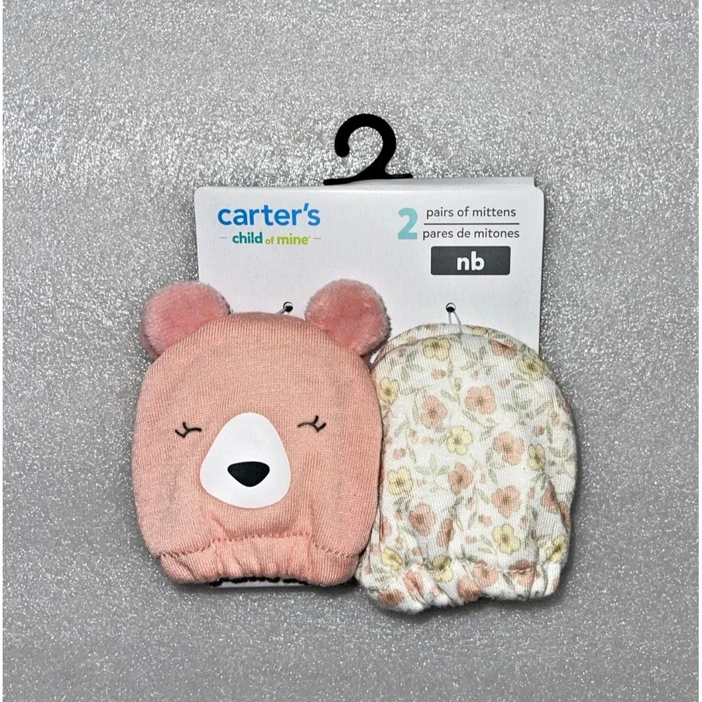 Carter's Child of Mine Baby Girl Infant Pink Bear & Flower 2 Mittens Newborn NEW